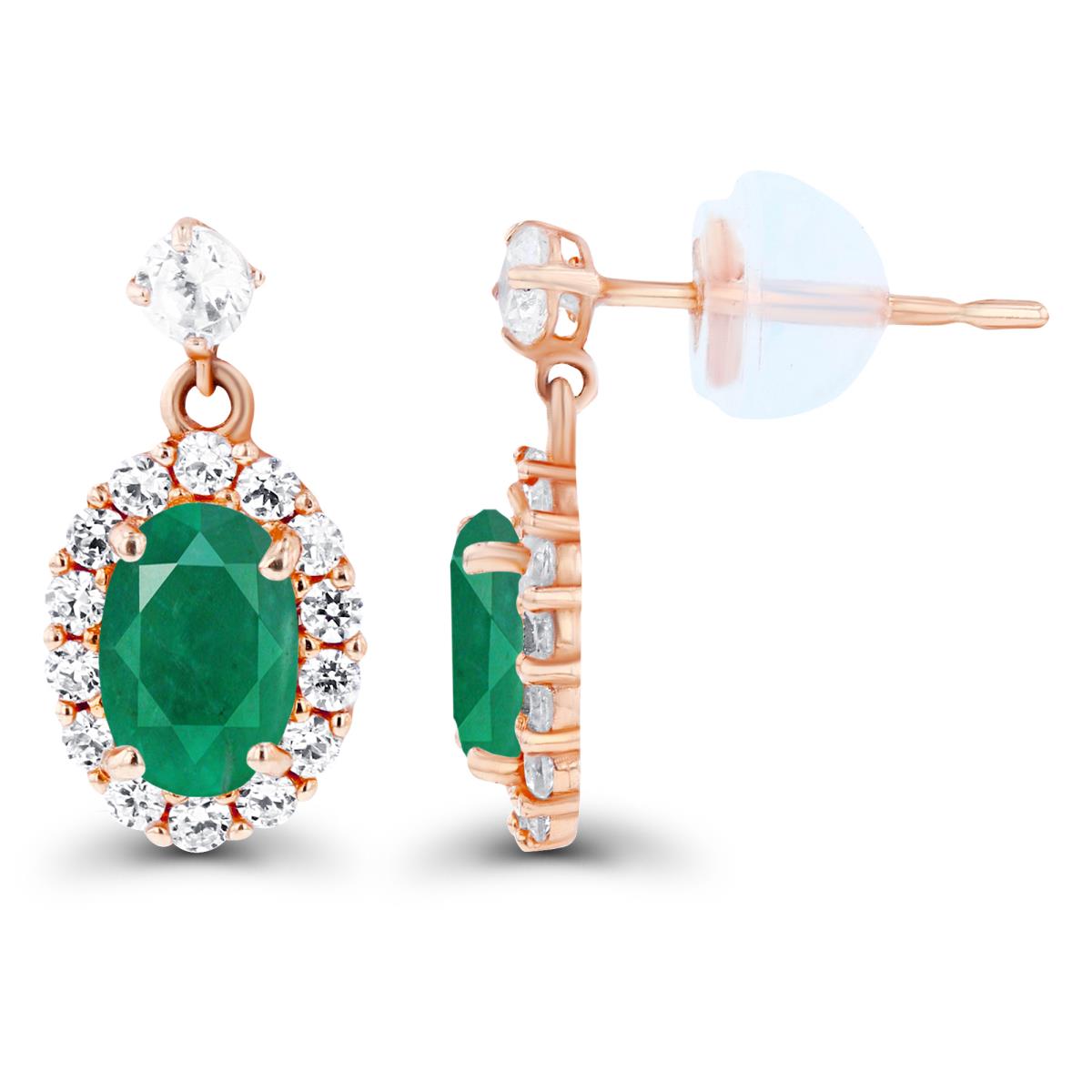 Sterling Silver Rose 6x4mm Oval Emerald & Created White Sapphire Halo Dangling Earring with Silicone Back
