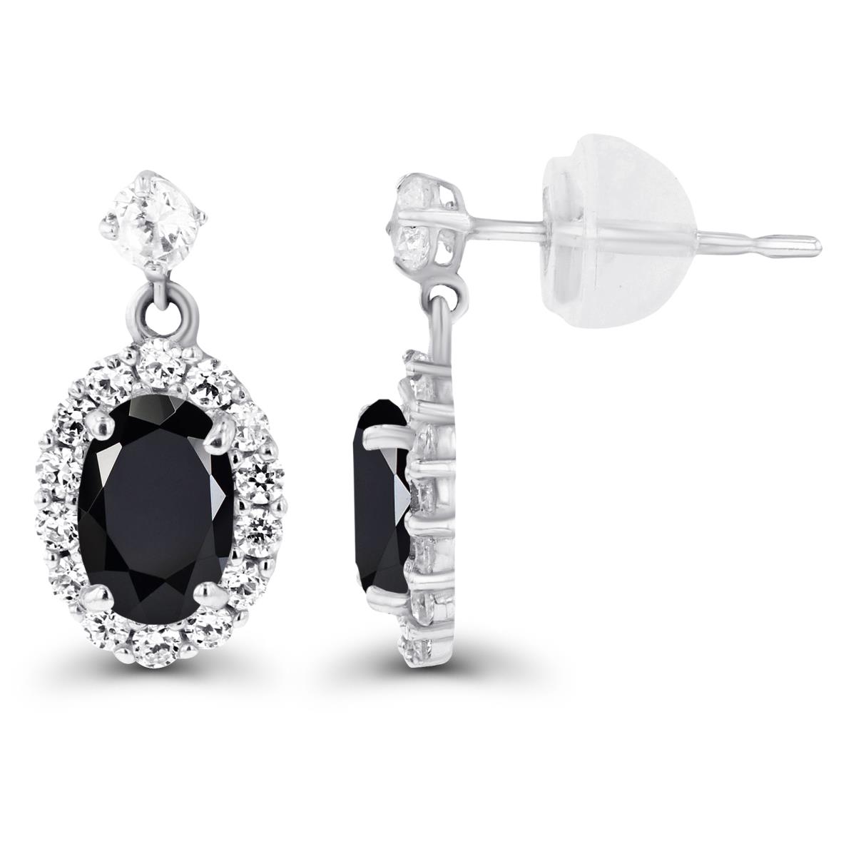 Sterling Silver Rhodium 6x4mm Oval Onyx & Created White Sapphire Halo Dangling Earring with Silicone Back