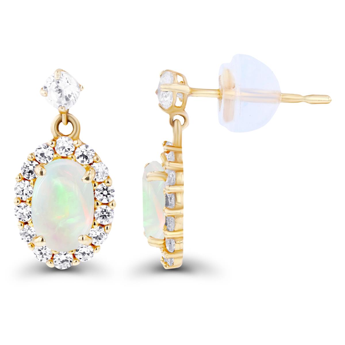 Sterling Silver Yellow 6x4mm Oval Opal & Created White Sapphire Halo Dangling Earring with Silicone Back