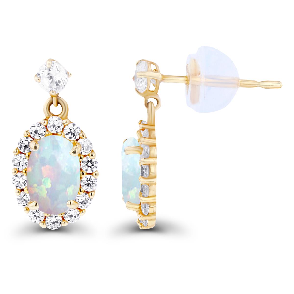 Sterling Silver Yellow 6x4mm Oval Created Opal & Created White Sapphire Halo Dangling Earring with Silicone Back