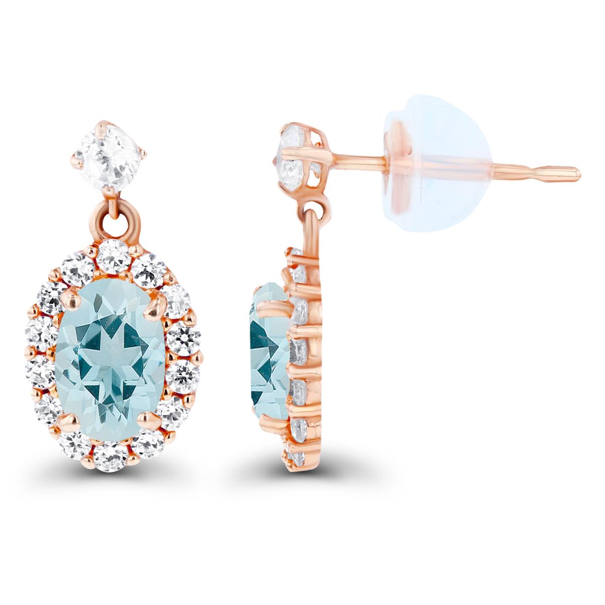 Sterling Silver Rose 6x4mm Oval Aquamarine & Created White Sapphire Halo Dangling Earring with Silicone Back
