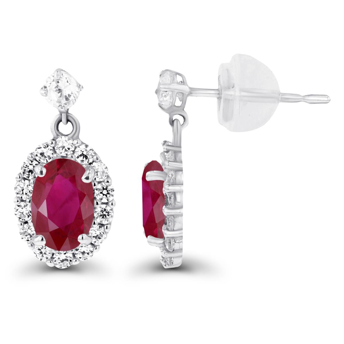 Sterling Silver Rhodium 6x4mm Oval Ruby & Created White Sapphire Halo Dangling Earring with Silicone Back