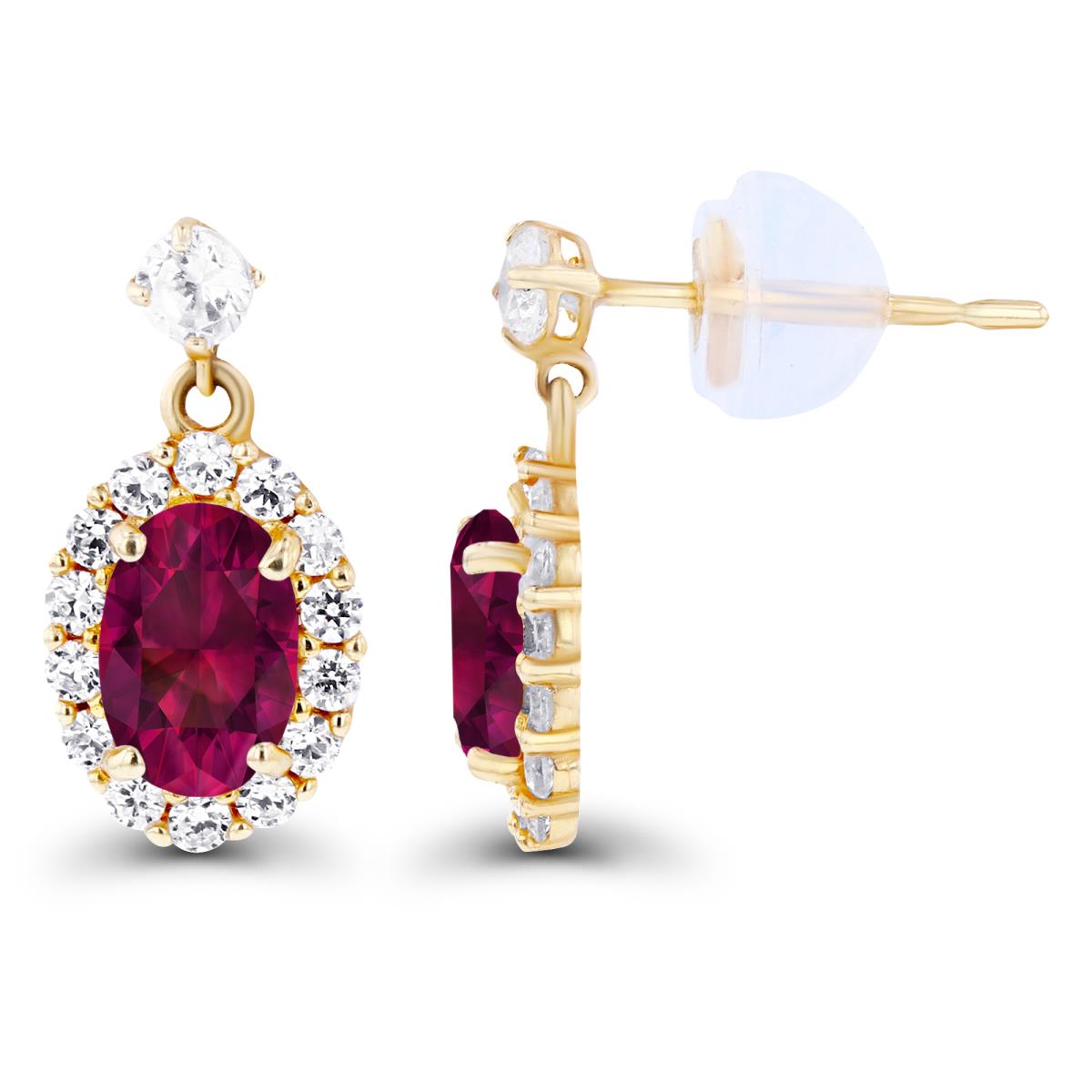 Sterling Silver Yellow 6x4mm Oval Created Ruby & Created White Sapphire Halo Dangling Earring with Silicone Back