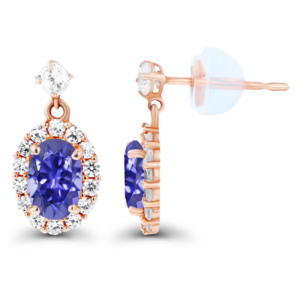 Sterling Silver Rose 6x4mm Oval Tanzanite & Created White Sapphire Halo Dangling Earring with Silicone Back