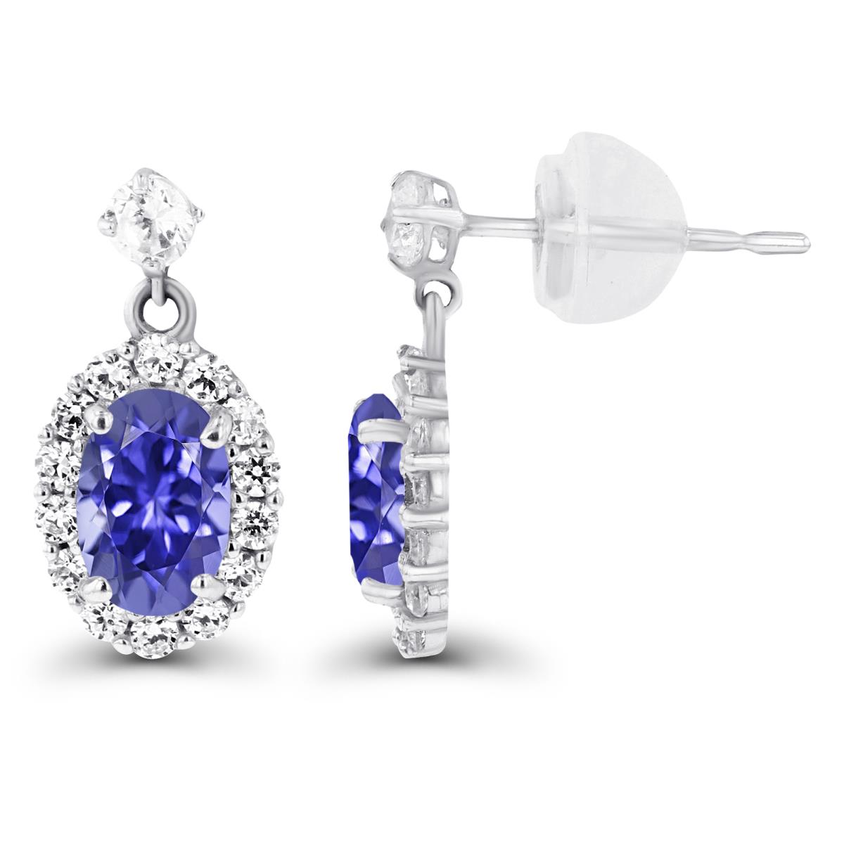 Sterling Silver Rhodium 6x4mm Oval Tanzanite & Created White Sapphire Halo Dangling Earring with Silicone Back