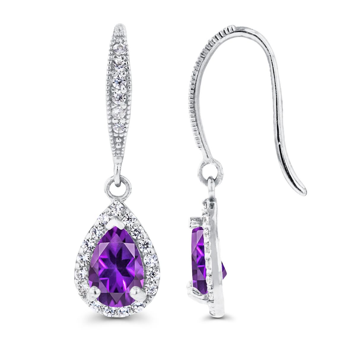 Sterling Silver Rhodium 6x4mm Pear Amethyst & Created White Sapphire Halo Fishhook Earring