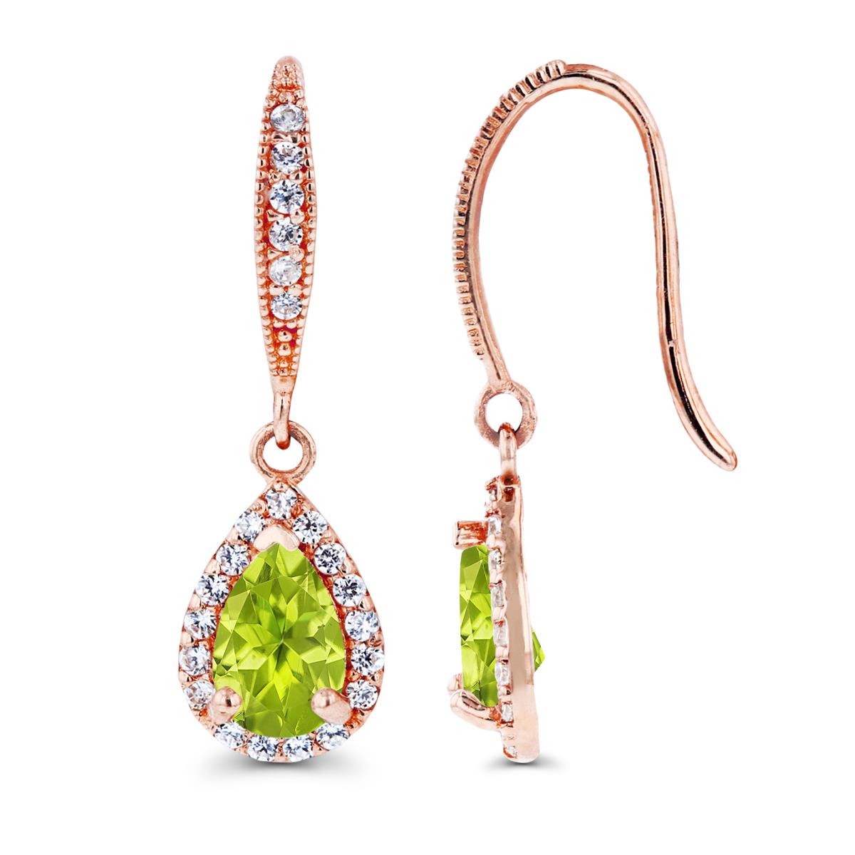 Sterling Silver Rose 6x4mm Pear Peridot & Created White Sapphire Halo Fishhook Earring