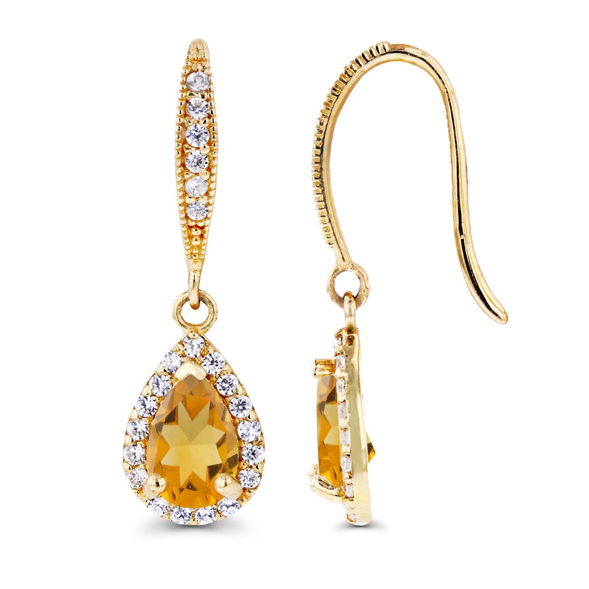 Sterling Silver Yellow 6x4mm Pear Citrine & Created White Sapphire Halo Fishhook Earring