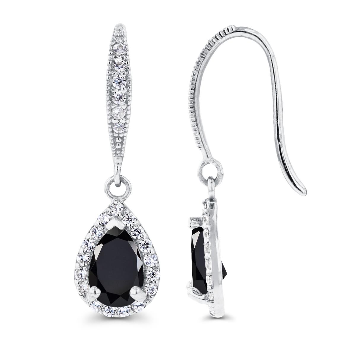 Sterling Silver Rhodium 6x4mm Pear Onyx & Created White Sapphire Halo Fishhook Earring