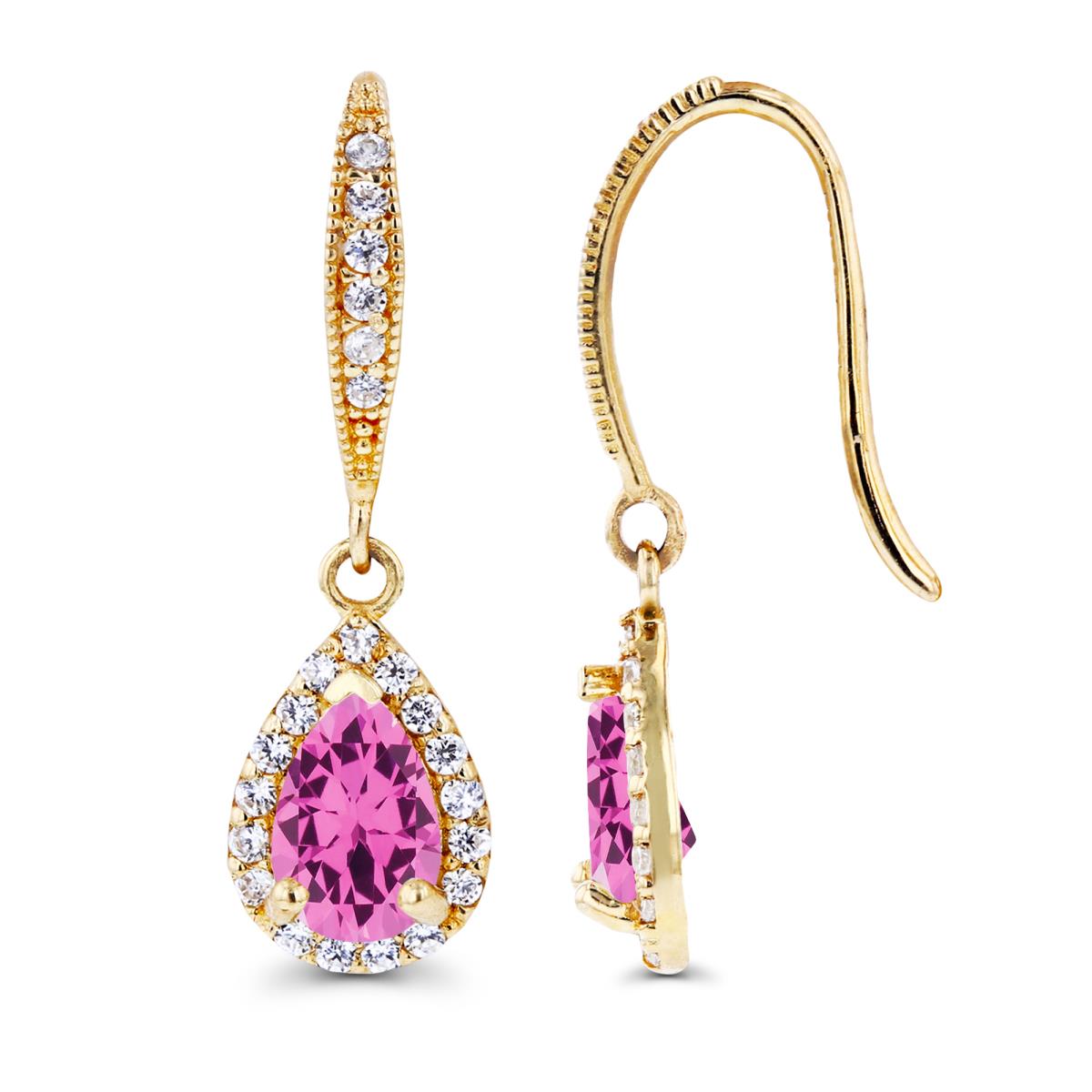 Sterling Silver Yellow 6x4mm Pear Created Pink Sapphire & Created White Sapphire Halo Fishhook Earring