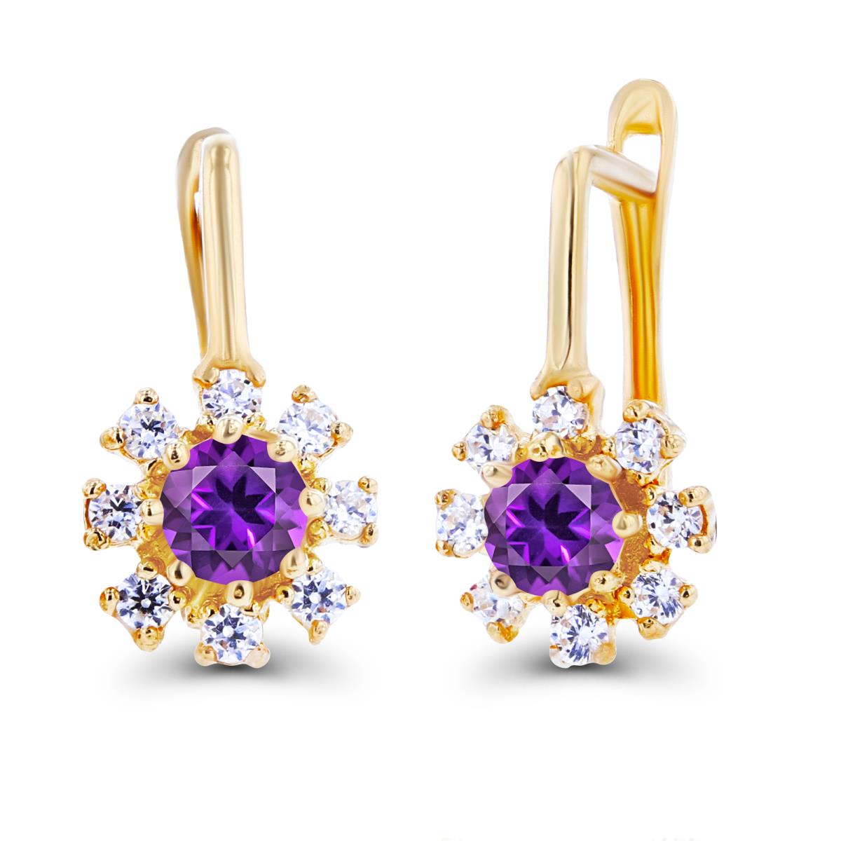 Sterling Silver Yellow Rnd 3mm Amethyst & Created White Sapphire Flower Latchback Earrings