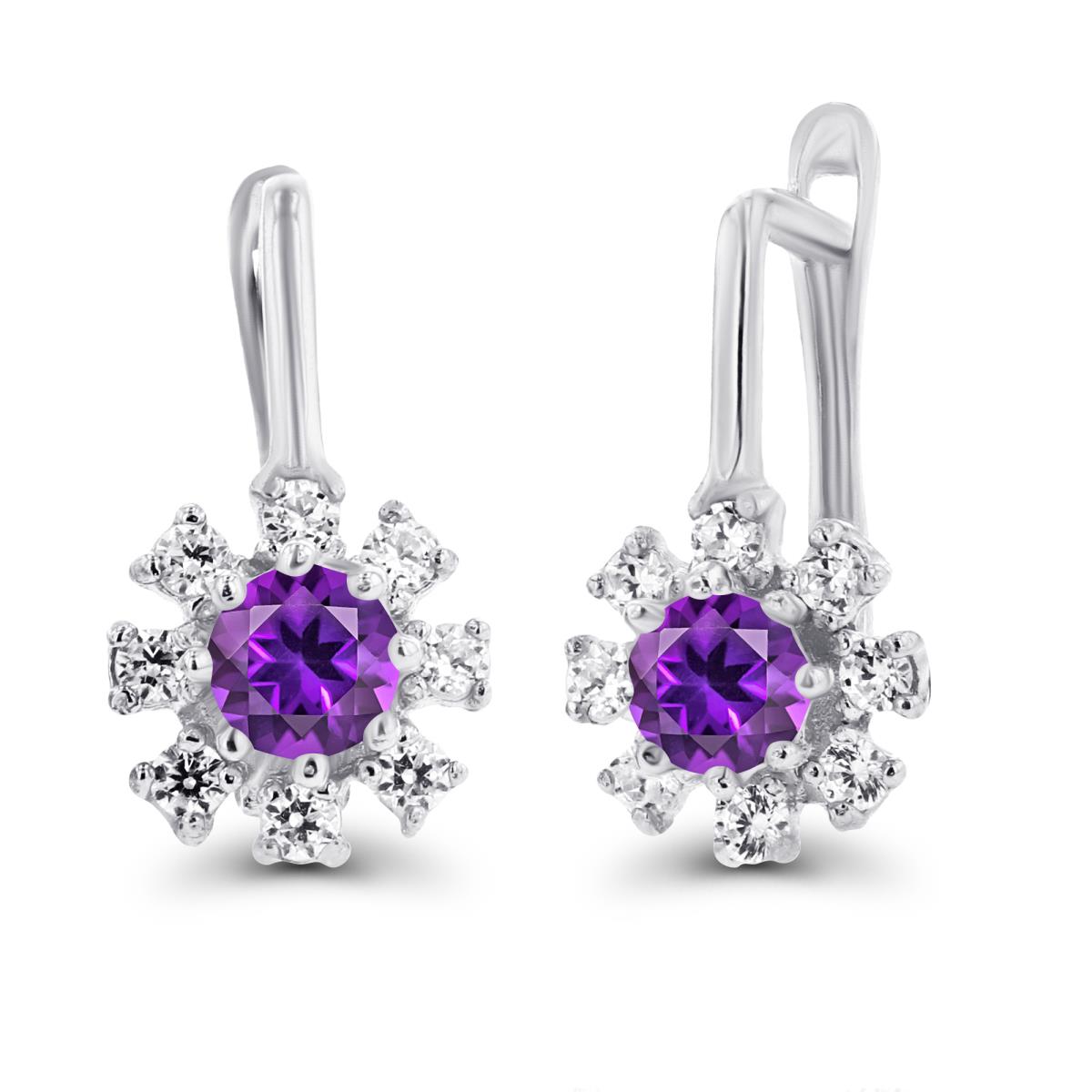 Sterling Silver Rhodium Rnd 3mm Amethyst & Created White Sapphire Flower Latchback Earrings