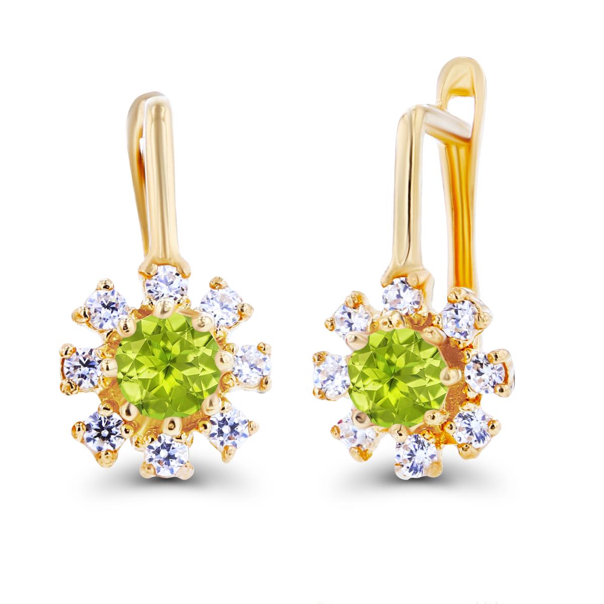 Sterling Silver Yellow Rnd 3mm Peridot & Created White Sapphire Flower Latchback Earrings