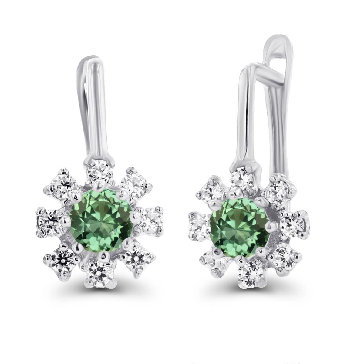 Sterling Silver Rhodium Rnd 3mm Created Green Sapphire & Created White Sapphire Flower Latchback Earrings