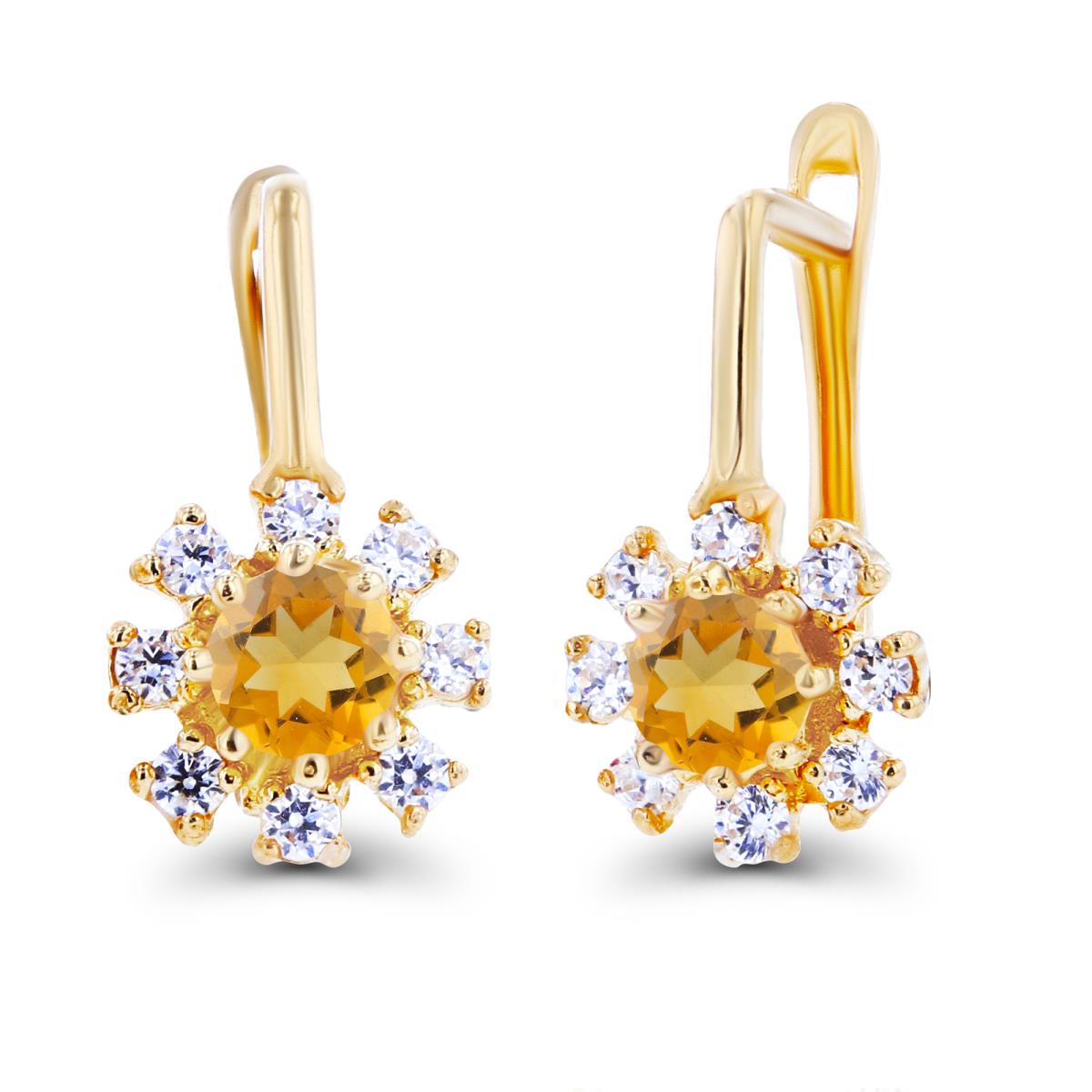 Sterling Silver Yellow Rnd 3mm Citrine & Created White Sapphire Flower Latchback Earrings