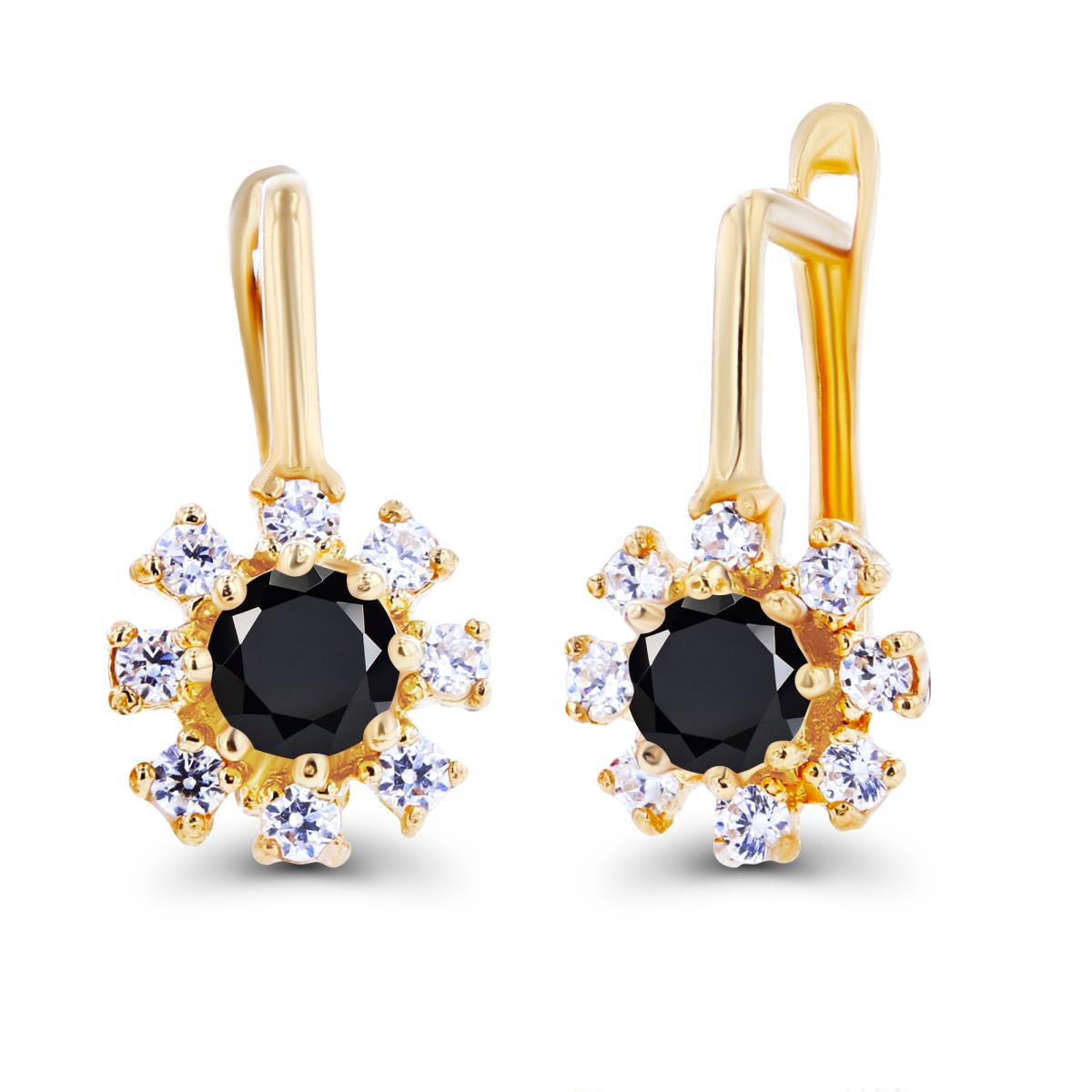 Sterling Silver Yellow Rnd 3mm Onyx & Created White Sapphire Flower Latchback Earrings