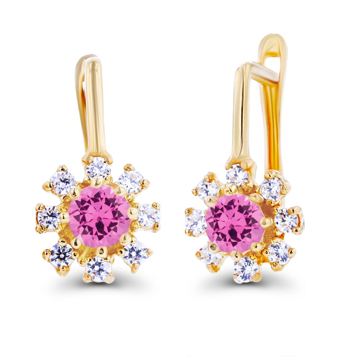 Sterling Silver Yellow Rnd 3mm Created Pink Sapphire & Created White Sapphire Flower Latchback Earrings
