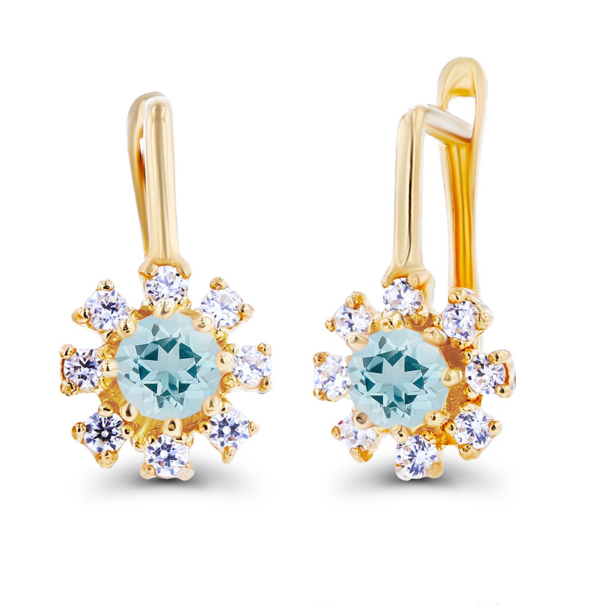 Sterling Silver Yellow Rnd 3mm Aquamarine & Created White Sapphire Flower Latchback Earrings