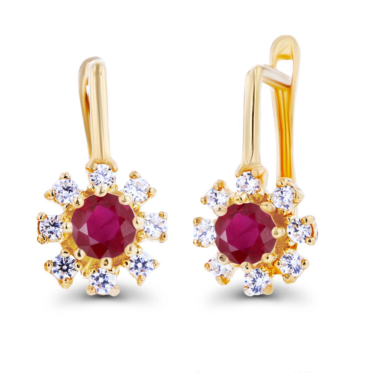 Sterling Silver Yellow Rnd 3mm Ruby & Created White Sapphire Flower Latchback Earrings