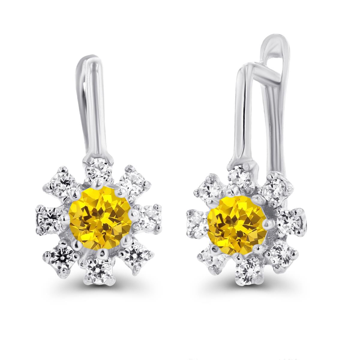 Sterling Silver Rhodium Rnd 3mm Created Yellow Sapphire & Created White Sapphire Flower Latchback Earrings