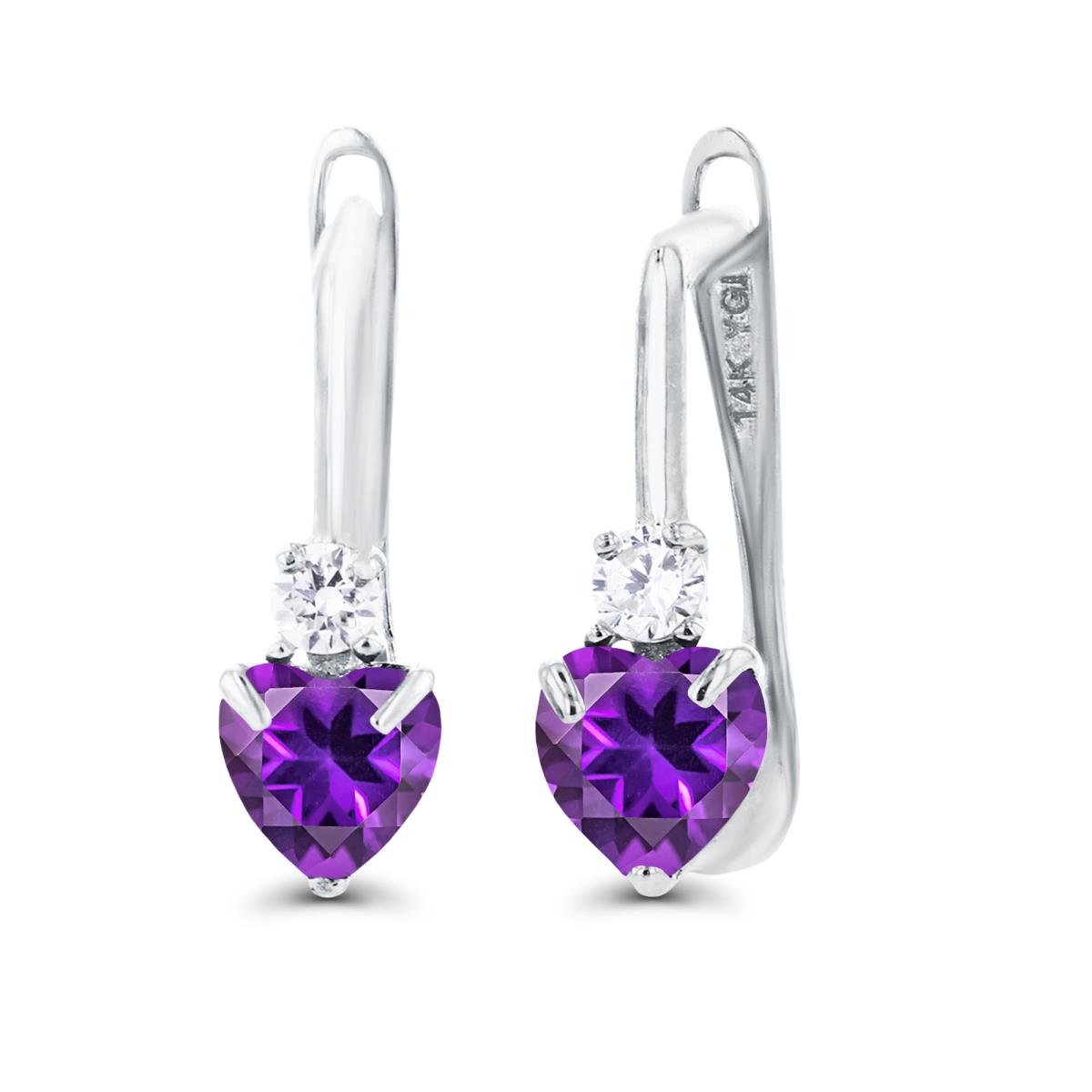 Sterling Silver Rhodium 4mm Heart Amethyst & Created White Sapphire Latchback Earrings