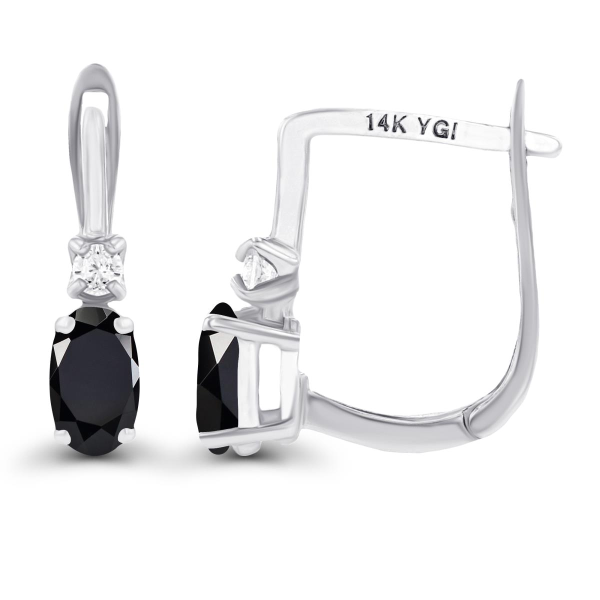Sterling Silver Rhodium 5x3mm Oval Onyx & 2mm Created White Sapphire Latchback Earrings
