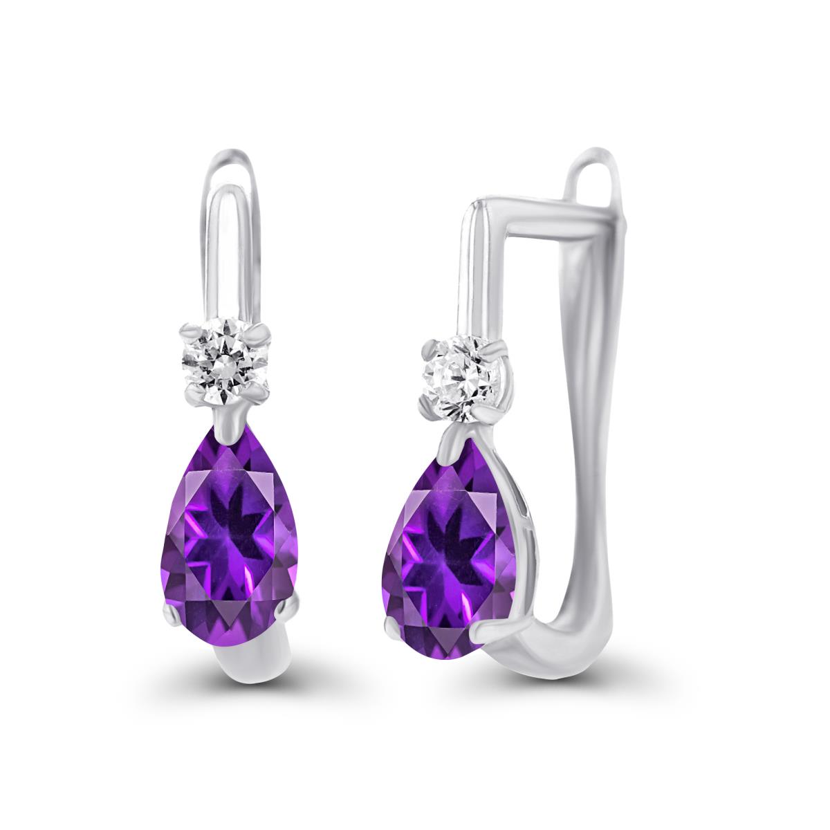 Sterling Silver Rhodium 5x3mm Pear Amethyst & 2mm Created White Sapphire Latchback Earrings