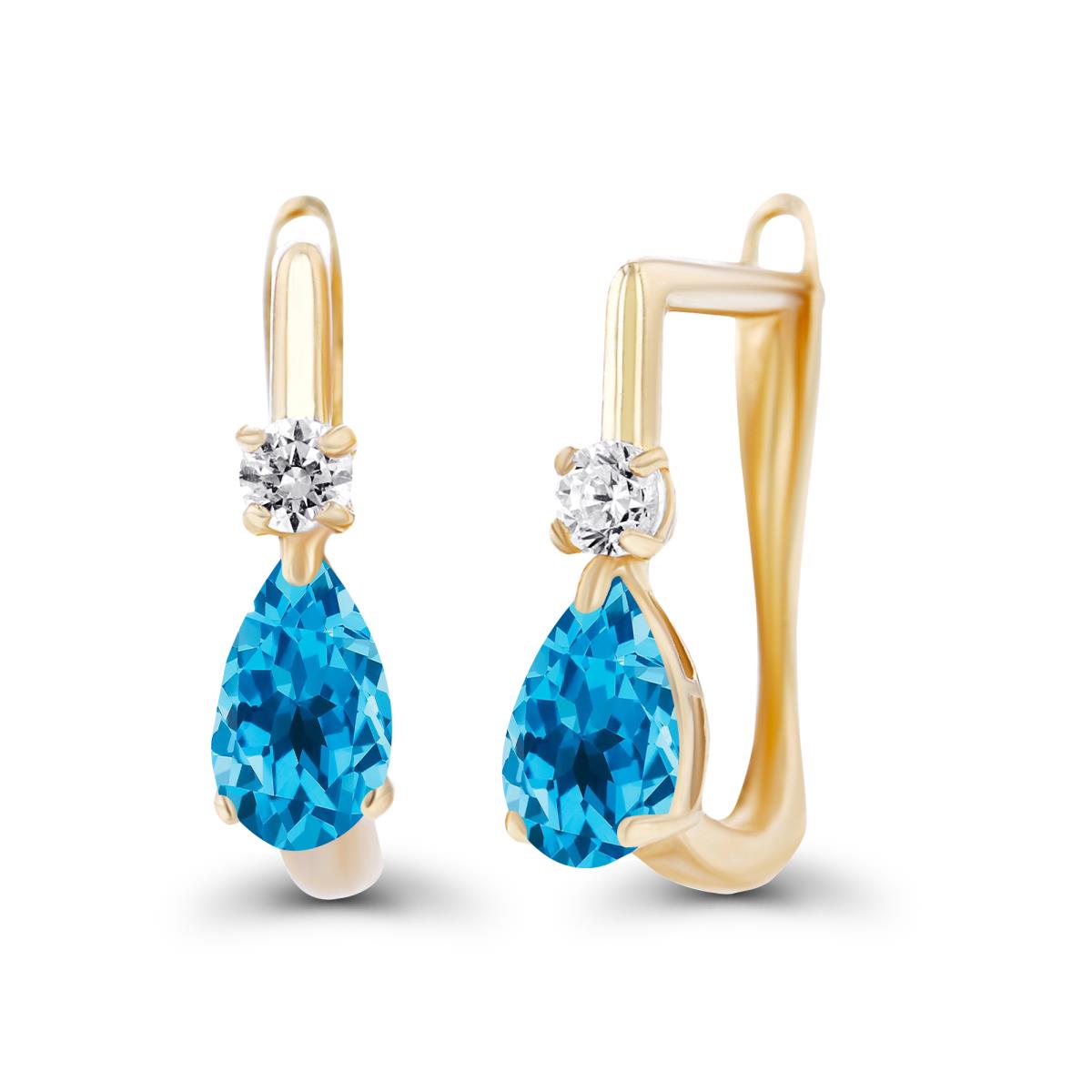 Sterling Silver Yellow 5x3mm Pear Swiss Blue Topaz & 2mm Created White Sapphire Latchback Earrings