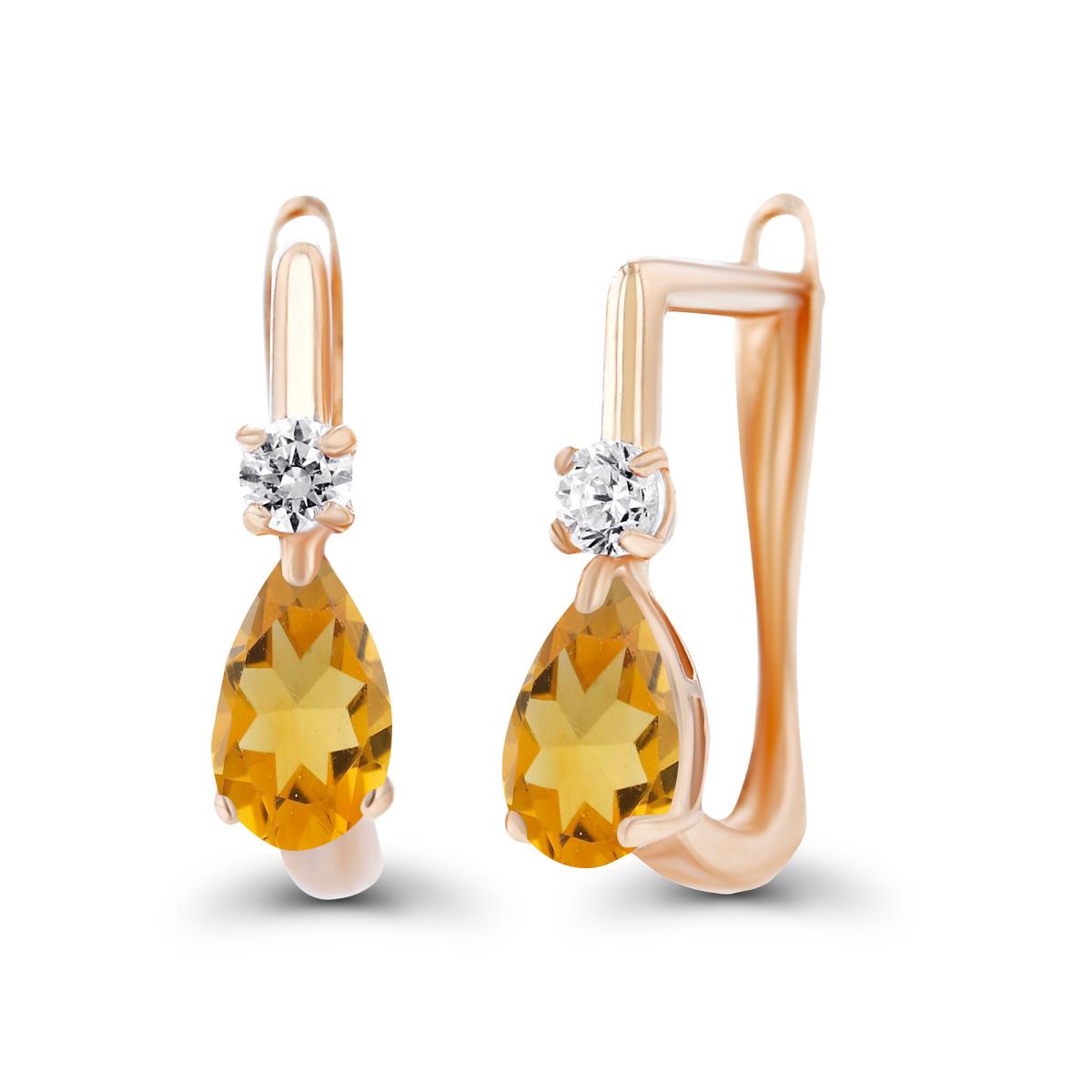 Sterling Silver Rose 5x3mm Pear Citrine & 2mm Created White Sapphire Latchback Earrings