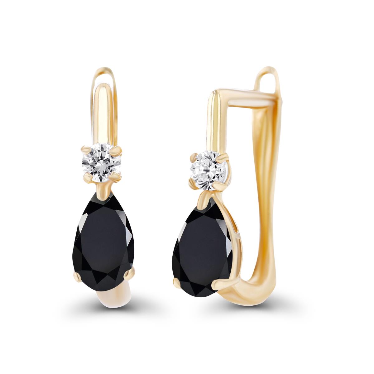 Sterling Silver Yellow 5x3mm Pear Onyx & 2mm Created White Sapphire Latchback Earrings