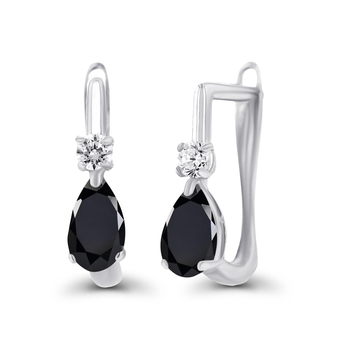 Sterling Silver Rhodium 5x3mm Pear Onyx & 2mm Created White Sapphire Latchback Earrings