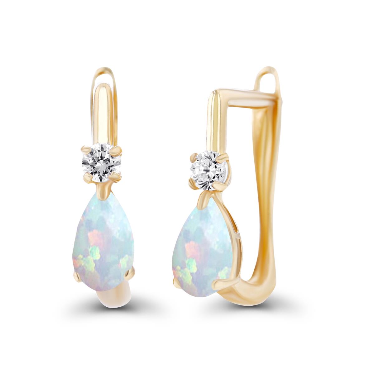 Sterling Silver Yellow 5x3mm Pear Created Opal & 2mm Created White Sapphire Latchback Earrings