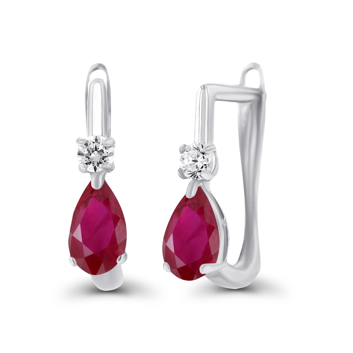 Sterling Silver Rhodium 5x3mm Pear Ruby & 2mm Created White Sapphire Latchback Earrings