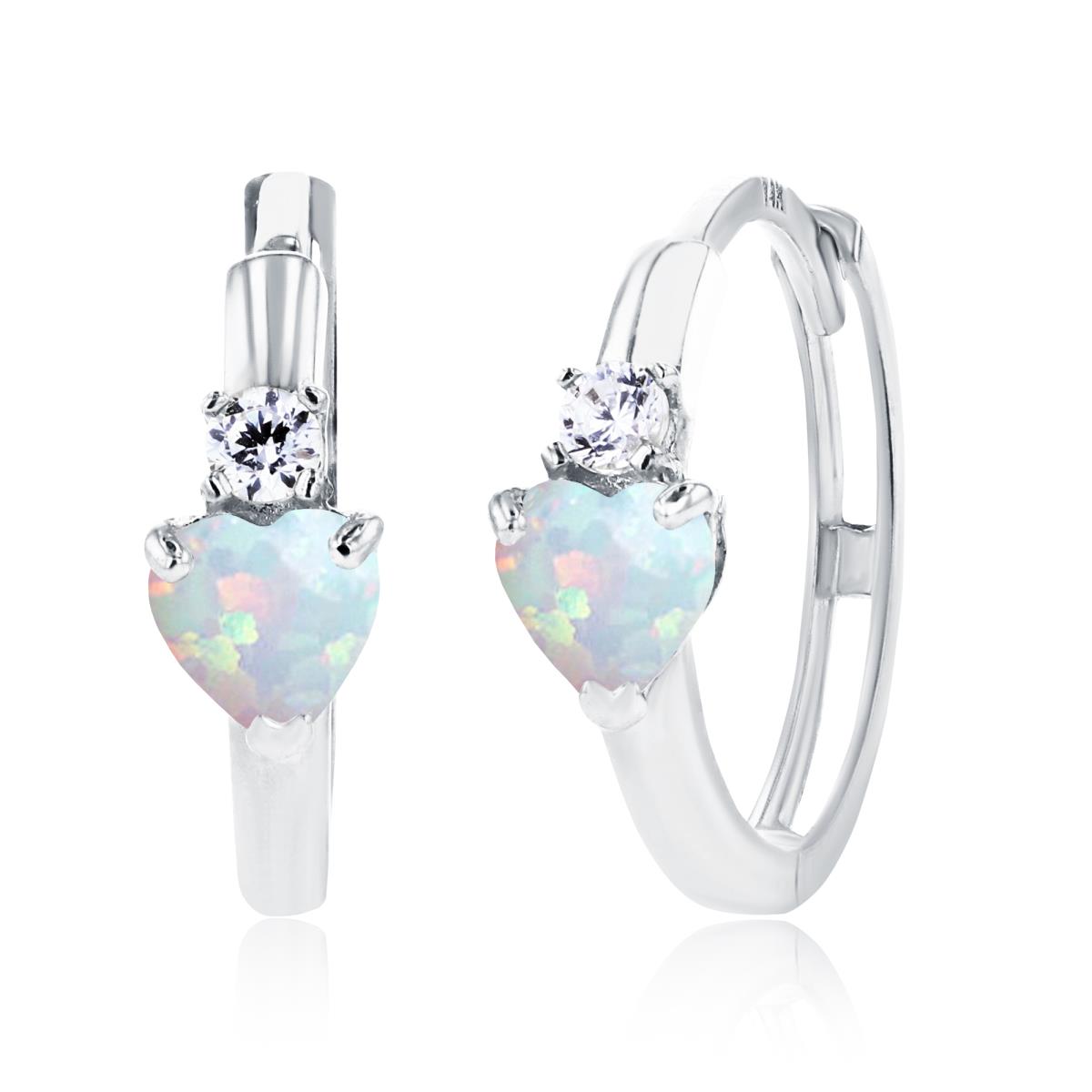 Sterling Silver Rhodium 4mm Heart Created Opal & 2mm Created White Sapphire Huggie Earrings