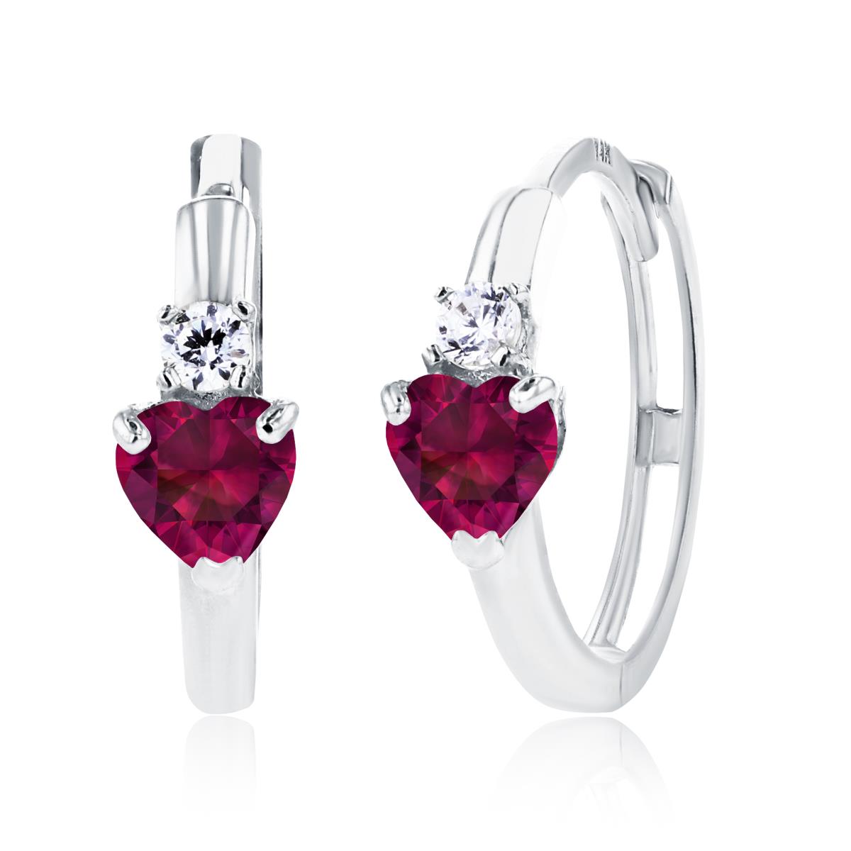 Sterling Silver Rhodium 4mm Heart Created Ruby & 2mm Created White Sapphire Huggie Earrings