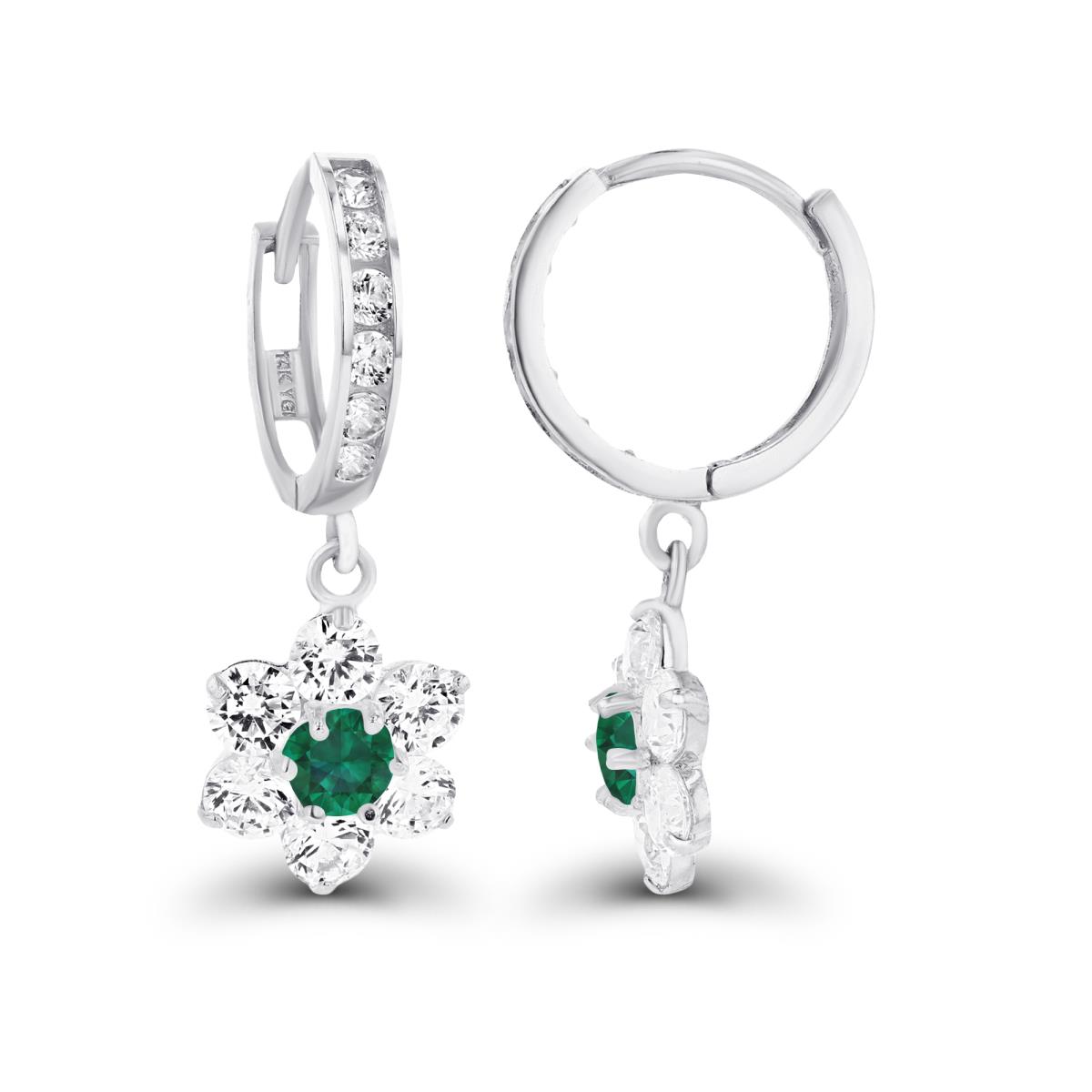 Sterling Silver Rhodium 3.5mm Created Emerald & Created White Sapphire Flower Dangling Huggie Earrings