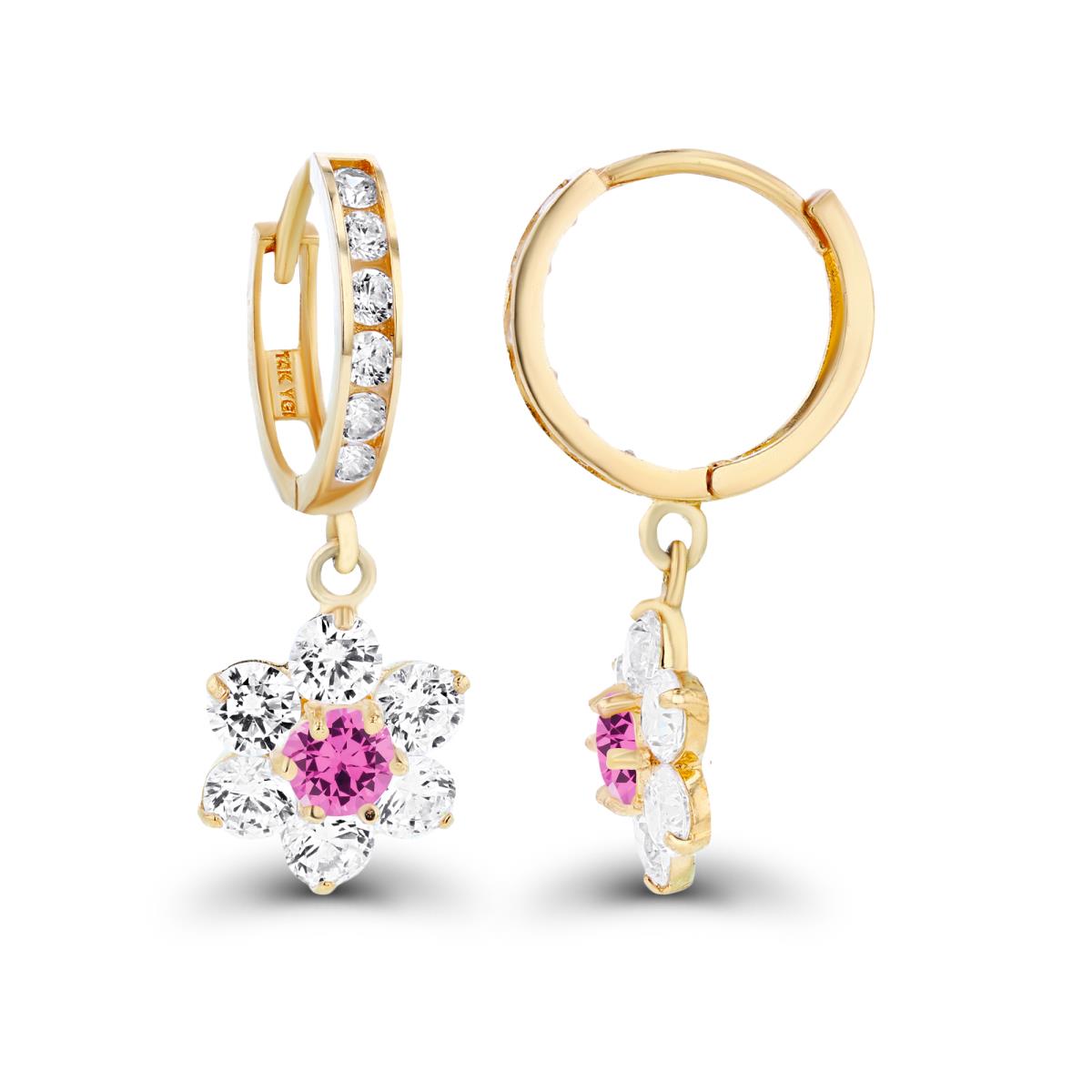 Sterling Silver Yellow 3.5mm Created Pink Sapphire & Created White Sapphire Flower Dangling Huggie Earrings