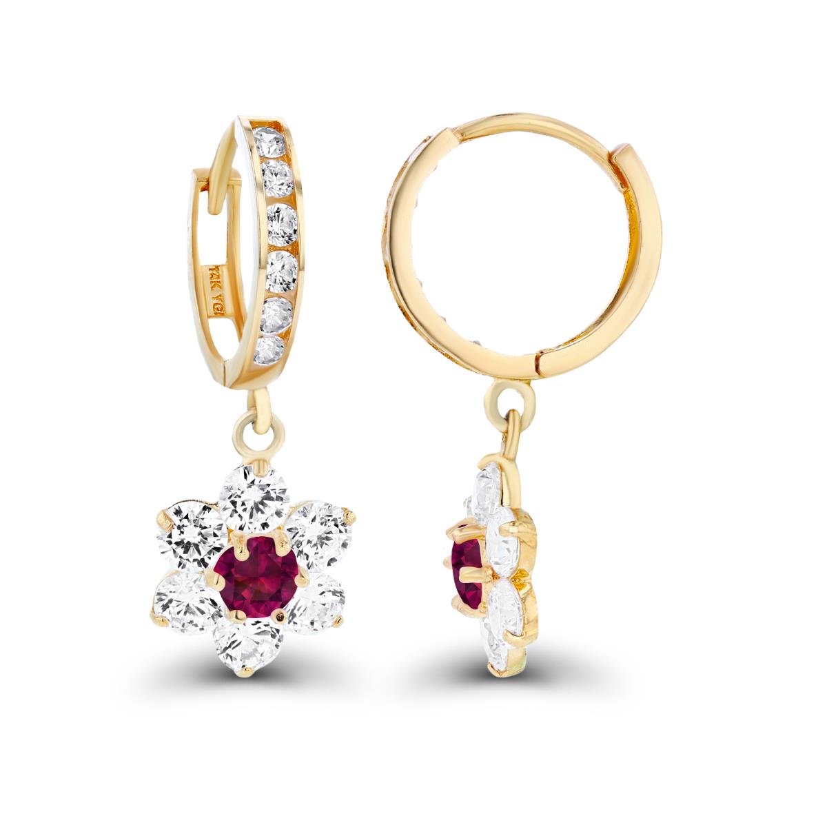 Sterling Silver Yellow 3.5mm Created Ruby & Created White Sapphire Flower Dangling Huggie Earrings