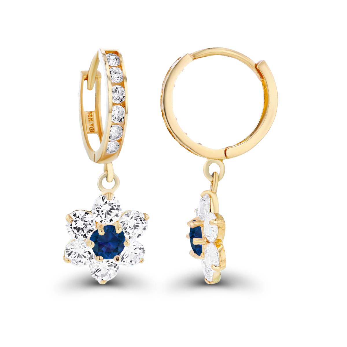 Sterling Silver Yellow 3.5mm Created Blue Sapphire & Created White Sapphire Flower Dangling Huggie Earrings