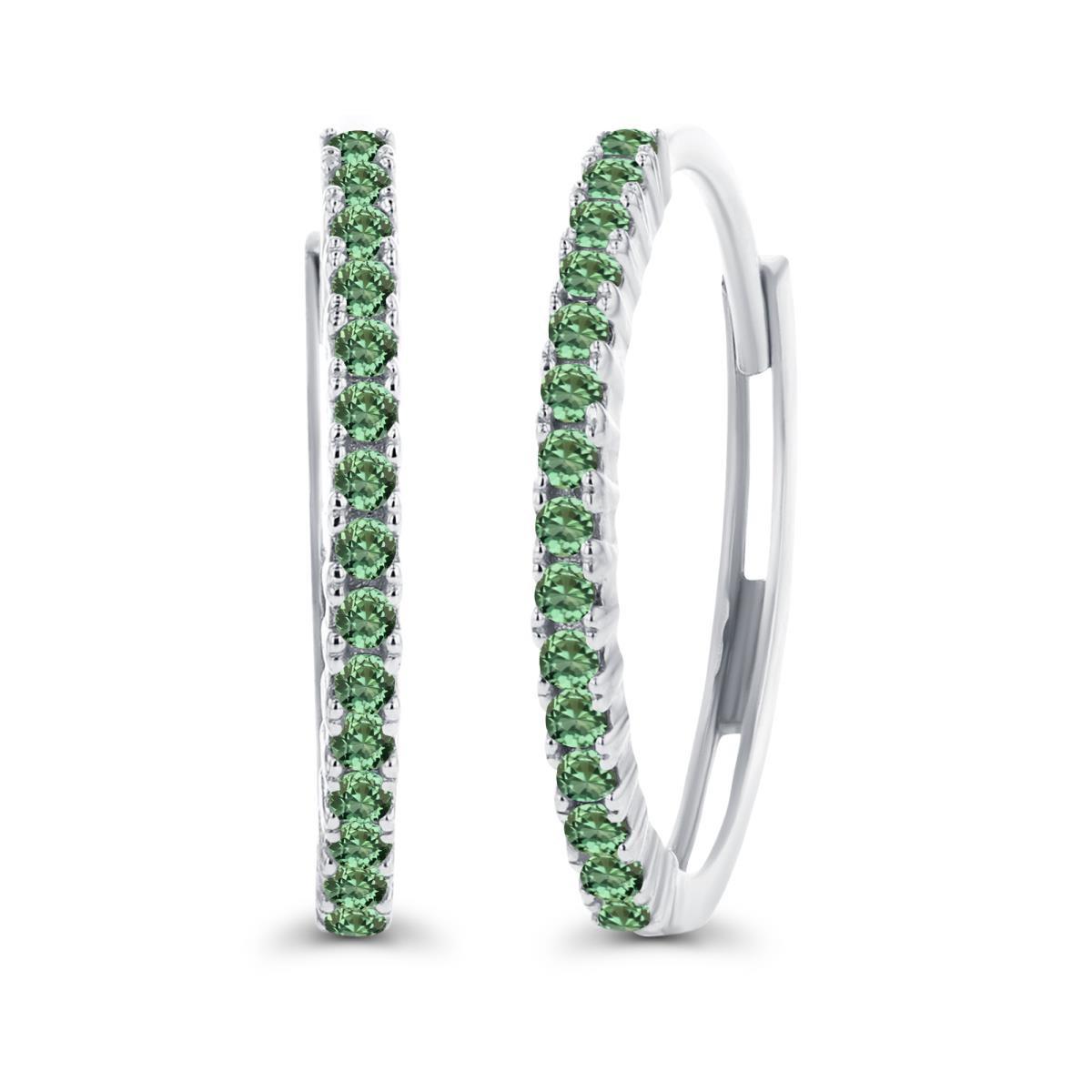 Sterling Silver Rhodium One-Row Round Created Green Sapphire Huggie Earring