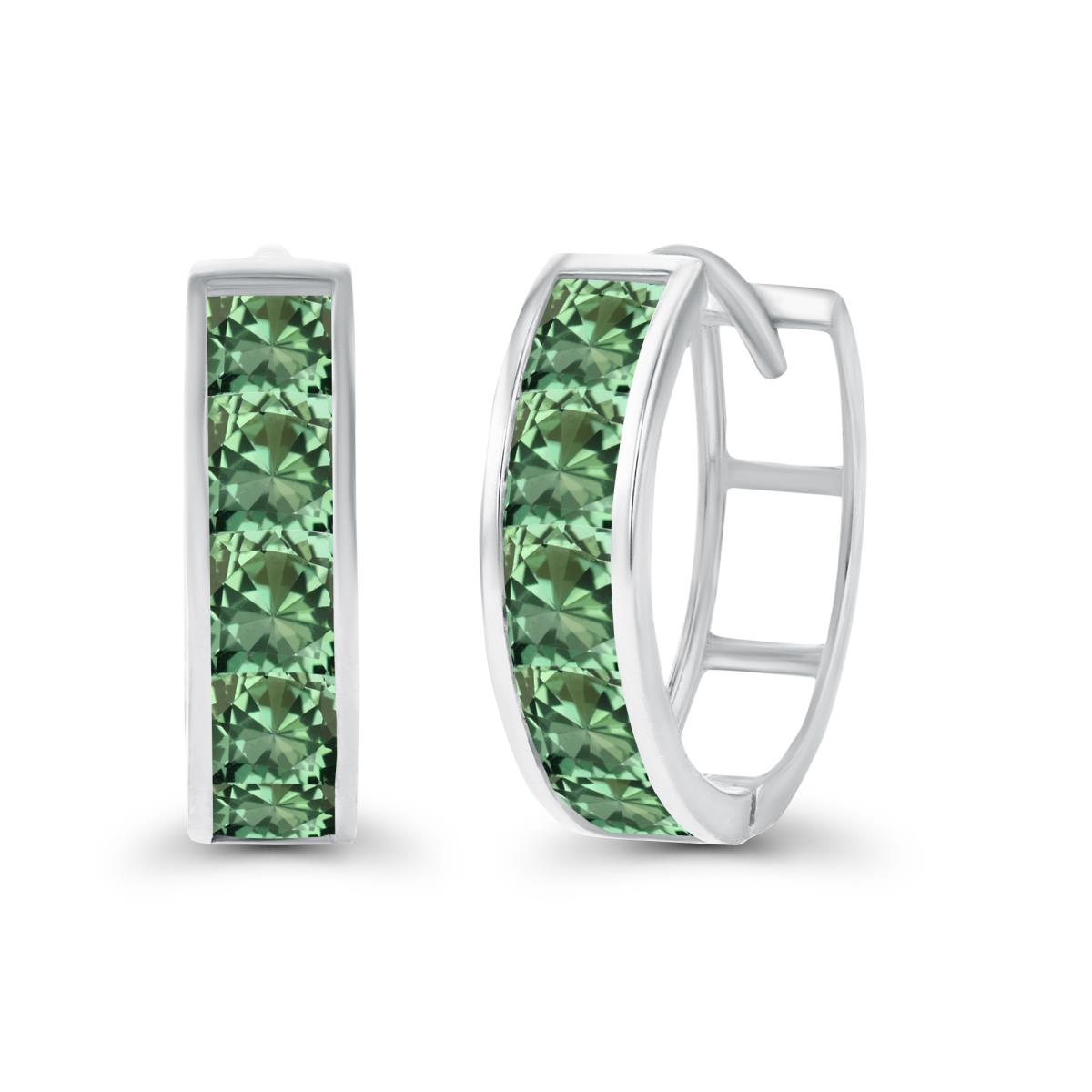 Sterling Silver Rhodium 3mm Square Created Green Sapphire Channel Huggie Earring