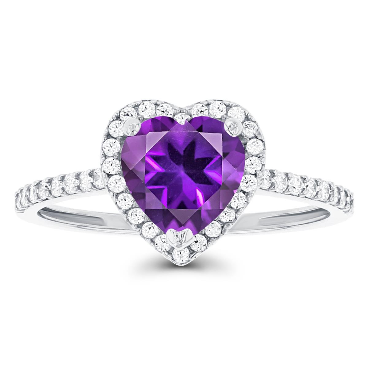 Sterling Silver Rhodium 7mm Heart Amethyst & Created White Sapphire Halo Ring