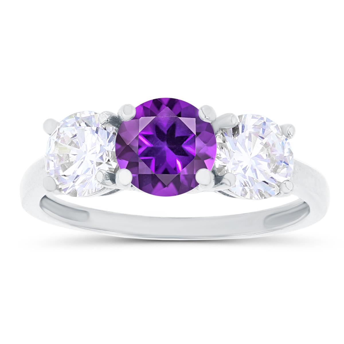 Sterling Silver Rhodium 3-Stones Amethyst & Created White Sapphire Anniversary Ring