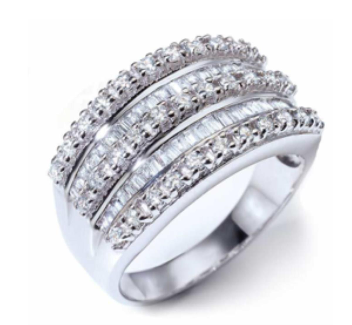 18K White Gold Round & Baguette Diamonds Multi Row Fashion Ring