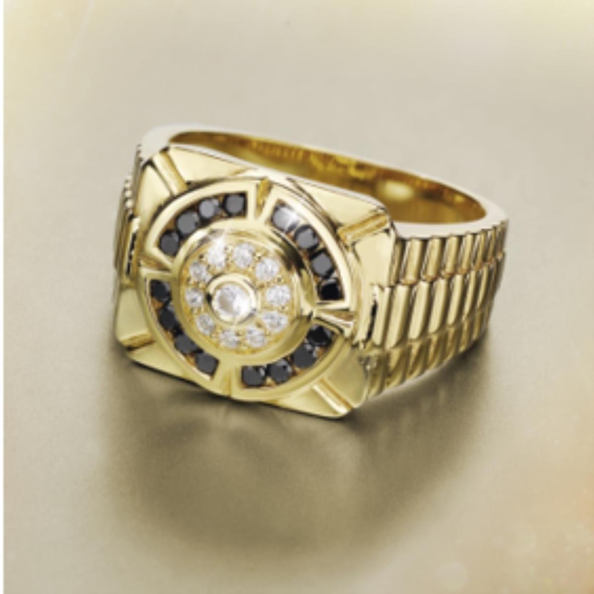18K Yellow Gold White & Black Diamonds Watch Band Fashion Ring