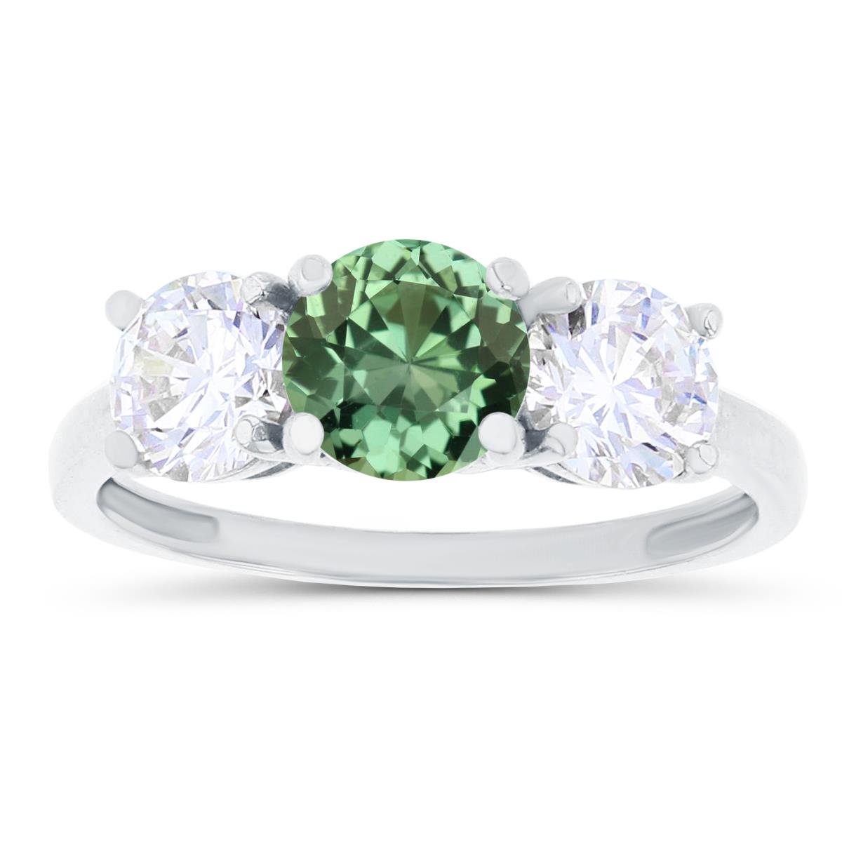 Sterling Silver Rhodium 3-Stones Created Green Sapphire & Created White Sapphire Anniversary Ring