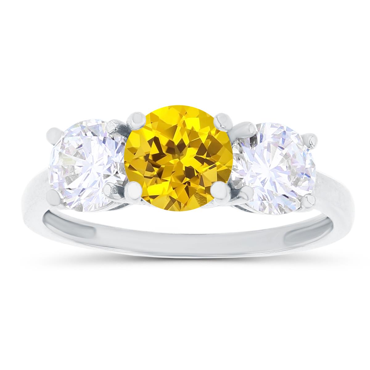 Sterling Silver Rhodium 3-Stones Created Yellow Sapphire & Created White Sapphire Anniversary Ring