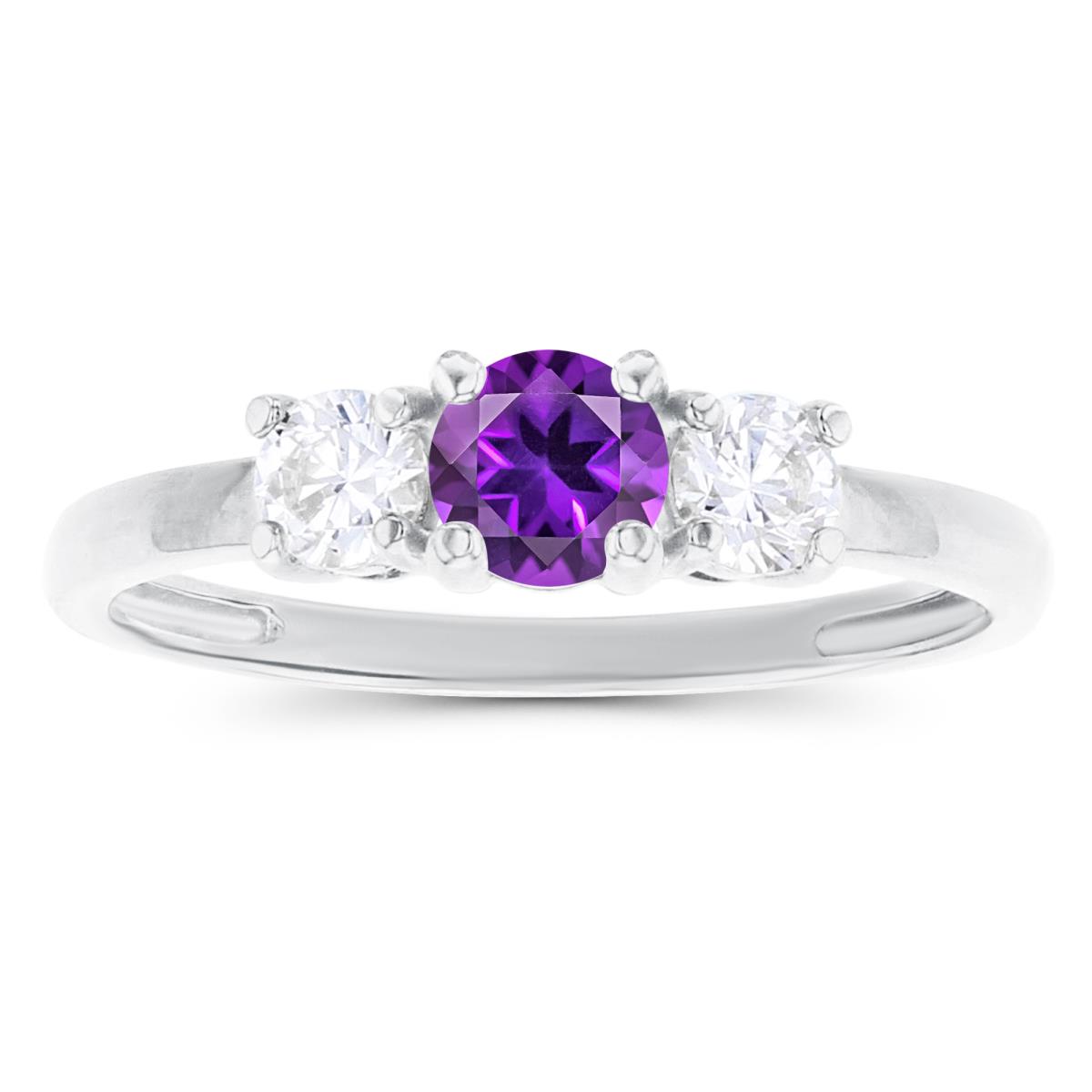Sterling Silver Rhodium 4.50mm Amethyst & 3.50mm Created White Sapphire Sides Ring