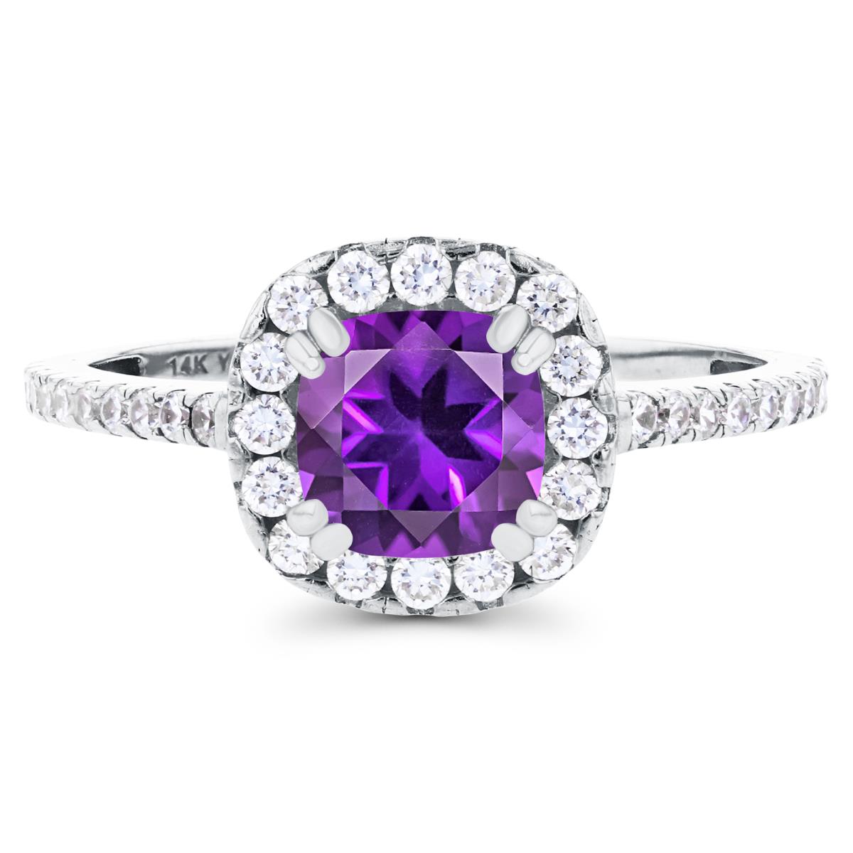 Sterling Silver Rhodium 6mm Cushion Amethyst & Created White Sapphire Halo Engagement Ring