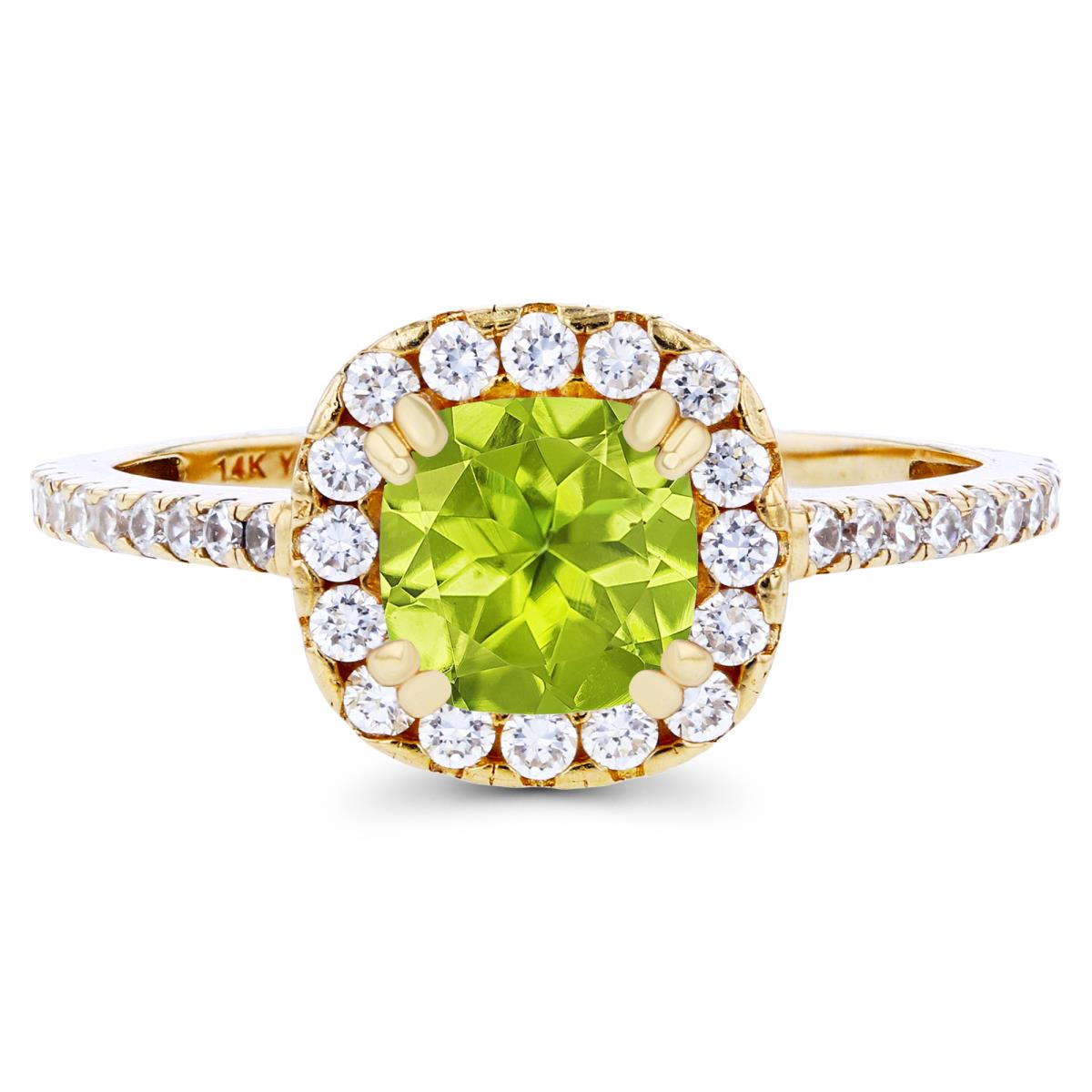 Sterling Silver Yellow 6mm Cushion Peridot & Created White Sapphire Halo Engagement Ring